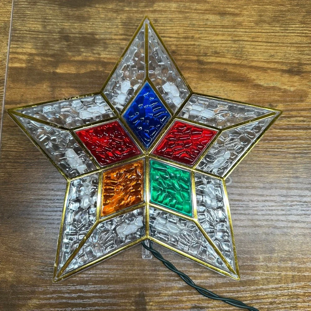 Vintage Multi Color‎ Stained Glass Style Star Christmas Tree Topper Lighted 8in